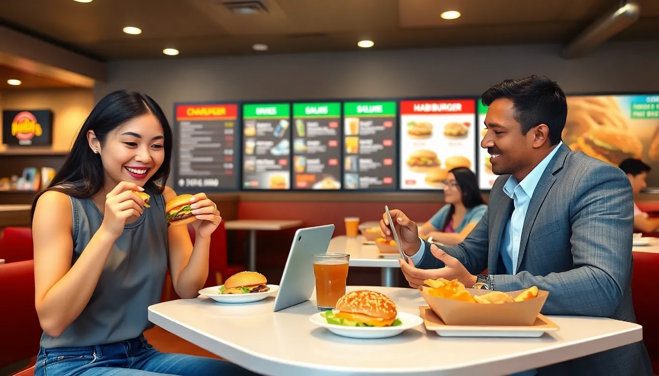 customers enjoying Habit Burger meals in a modern restaurant.