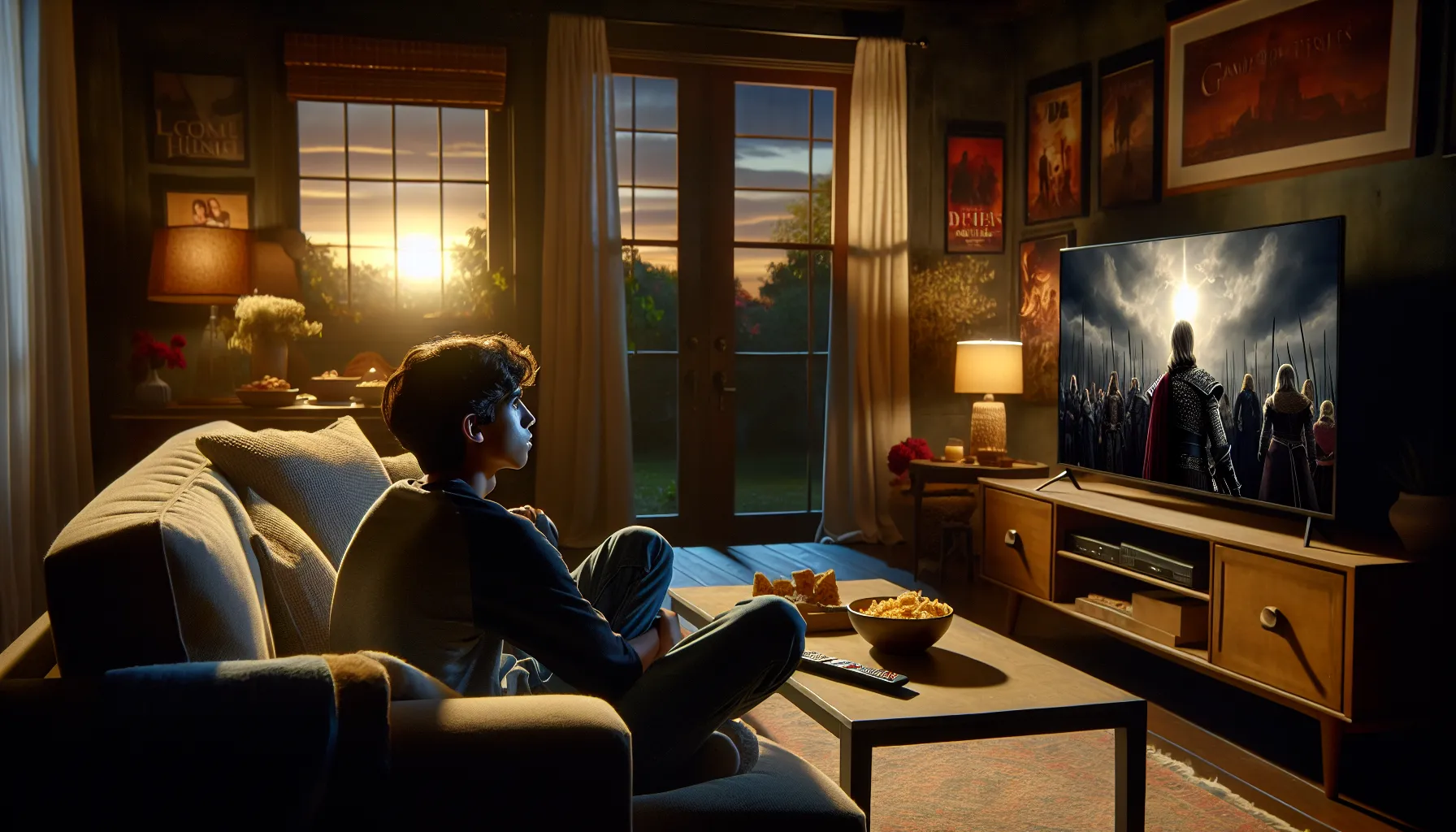 a teenage boy watching an intense TV show in a dimly lit living room.