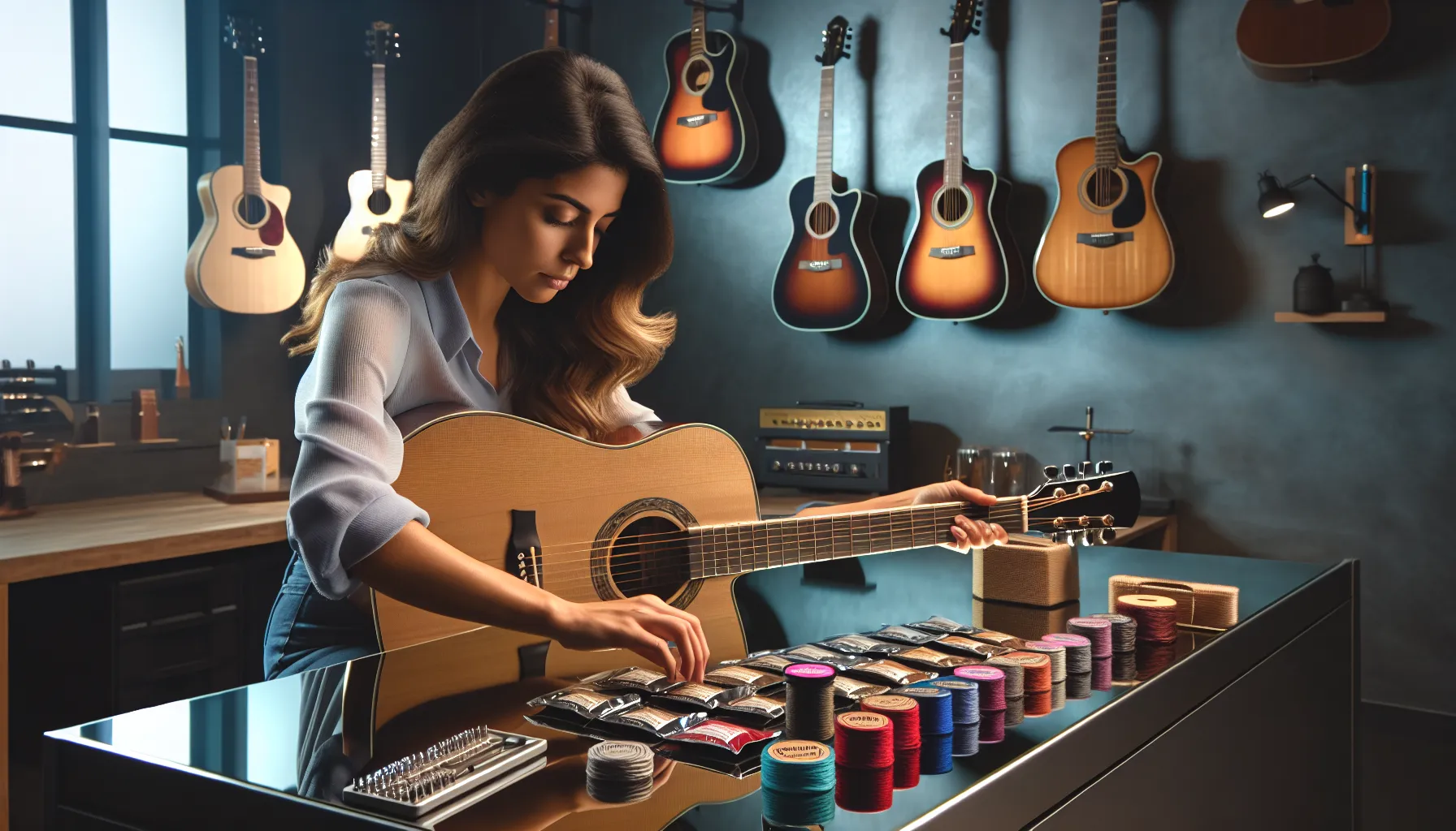 guitarist restringing an acoustic guitar in a modern studio.