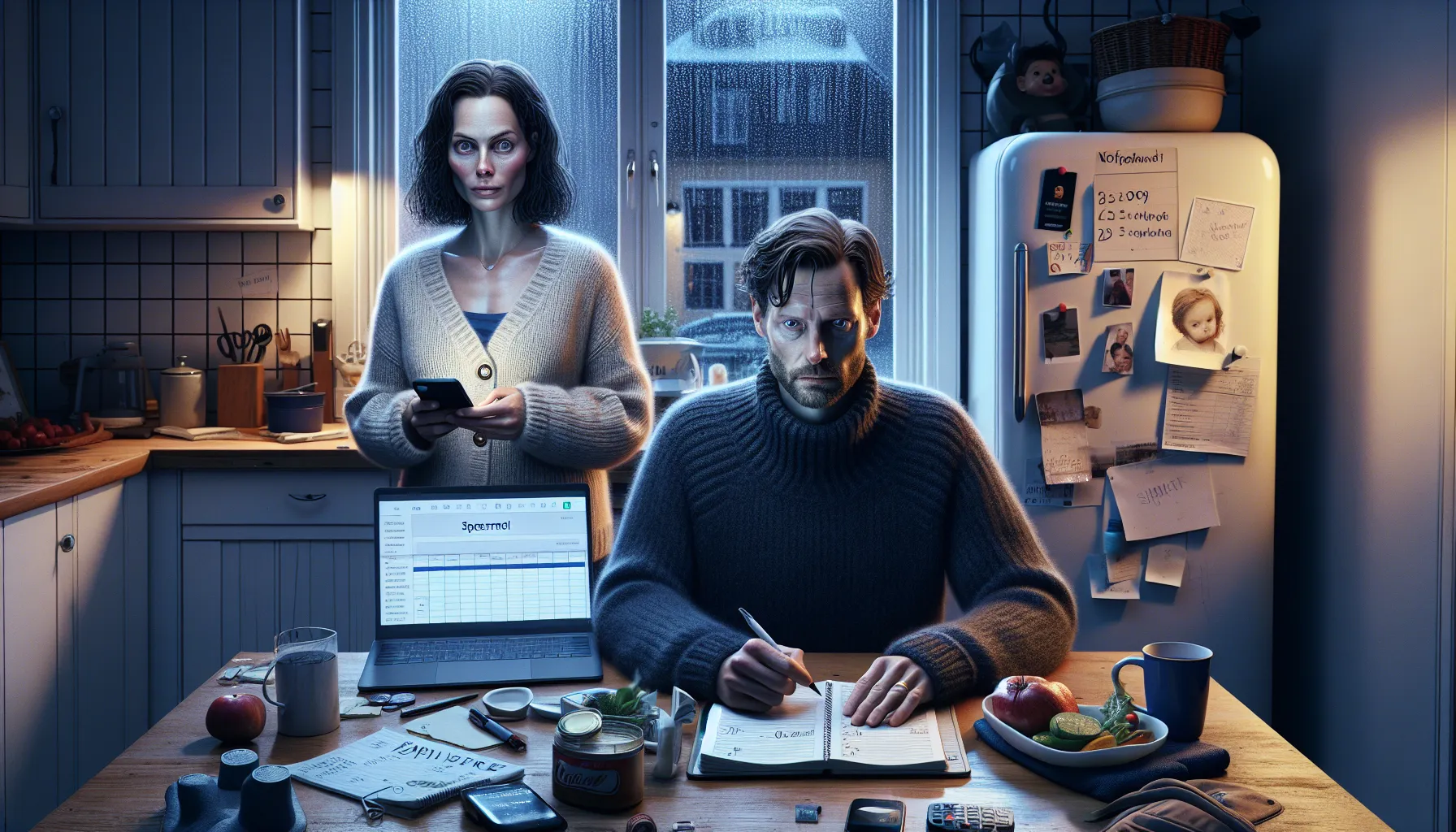 Hvordan reparere tilliten etter utroskap: er det mulig å finne tilbake? 3 Norwegian couple planning trust repair at kitchen table on a rainy evening.