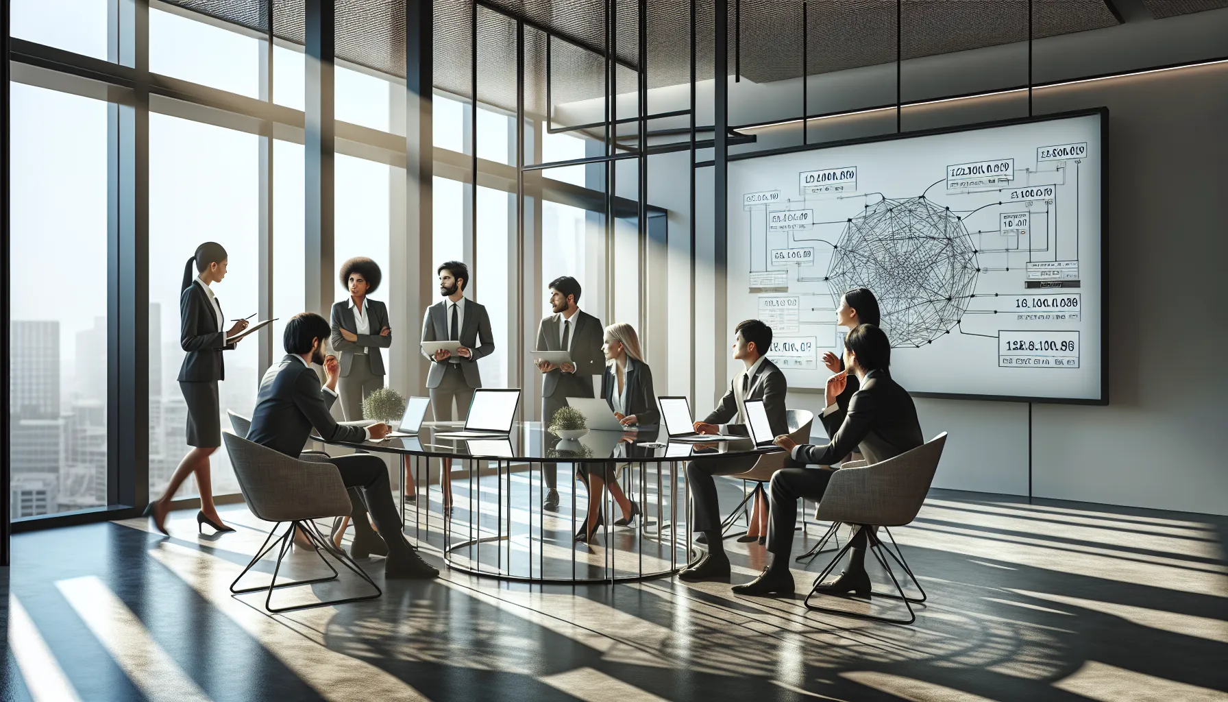 diverse team discussing IP address concepts in a modern office.