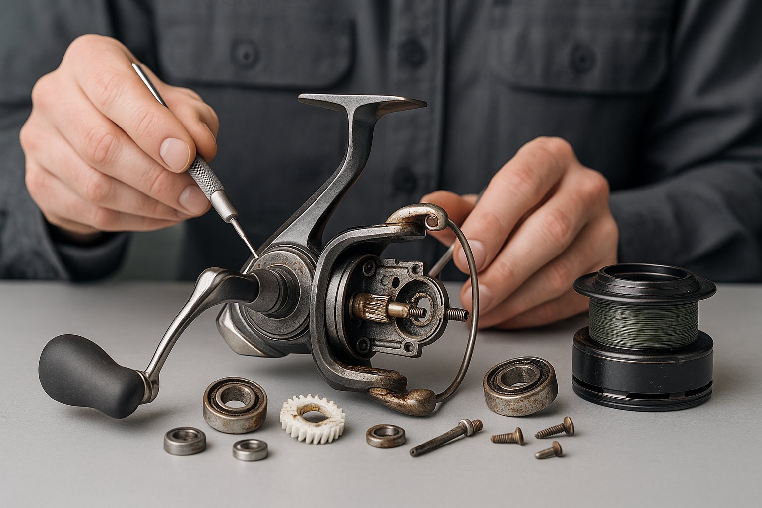 Fishing reel on a workbench with parts showing common noise causes.