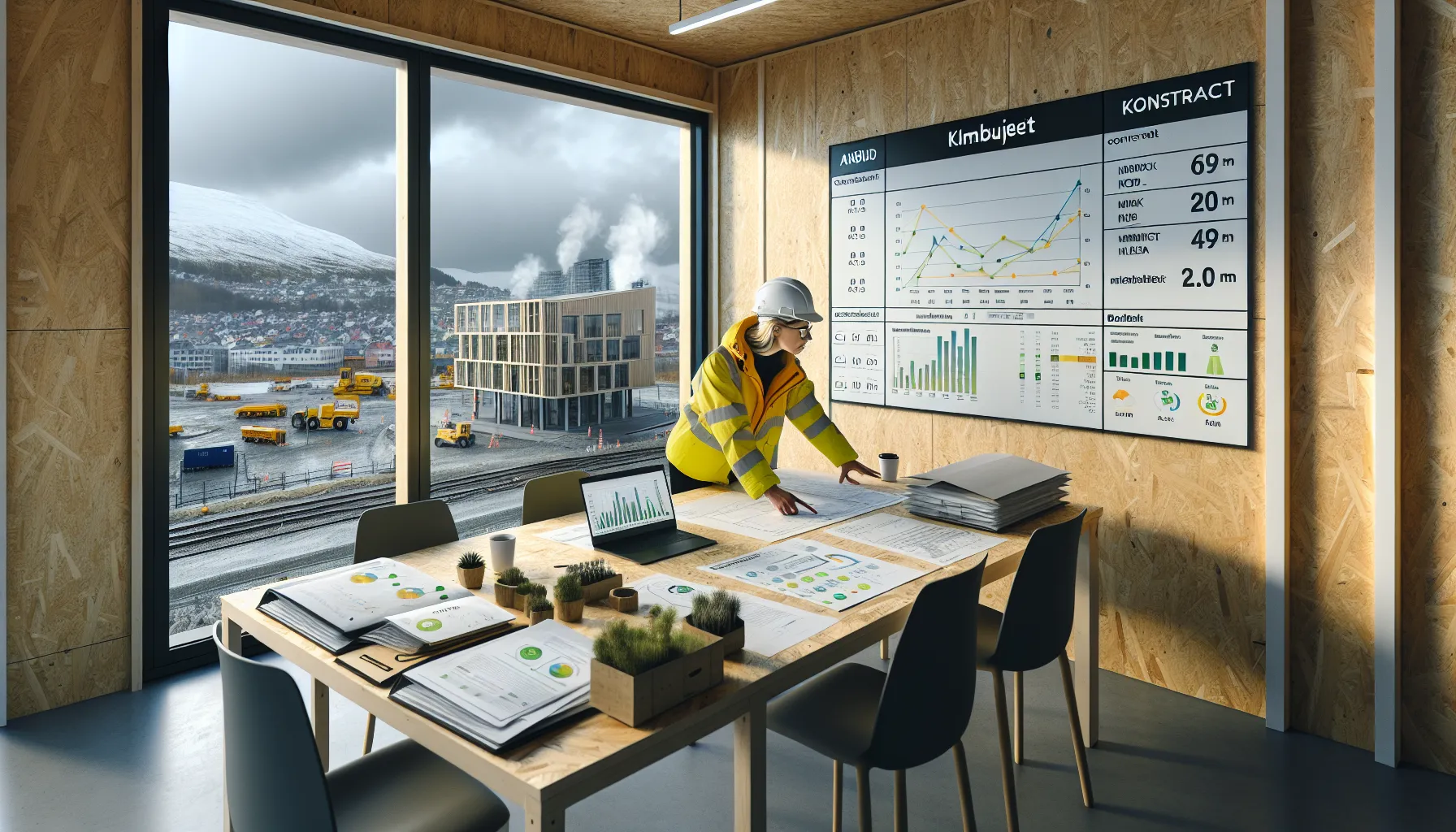 Hvordan implementere grønn teknologi i byggeprosjekter for økt bærekraft 3 Project team in norway reviewing climate budget and sustainability kpis for construction.