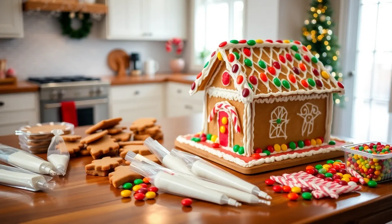 gingerbread house decorating kit with vibrant candies and frosting.