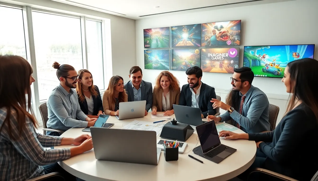 diverse team collaborating on game development ideas in a modern office.