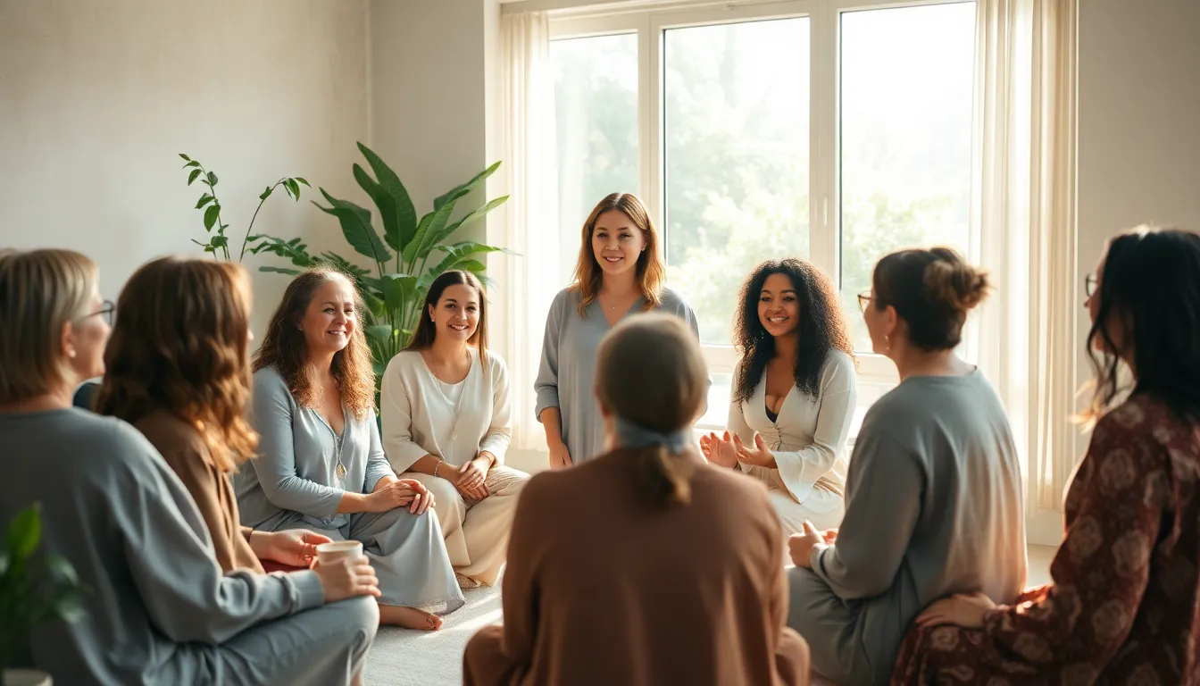 diverse women gathered in a bright community space for a spiritual circle.