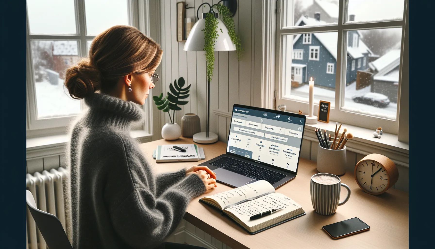 Norwegian woman critically reviewing online course content and learning outcomes on her laptop.