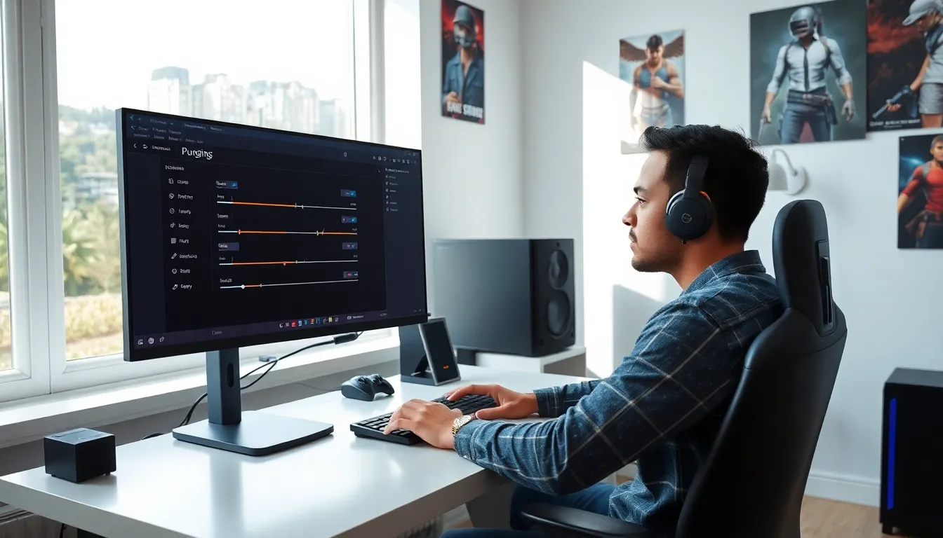 gamer adjusting PUBG settings on a modern desktop setup.