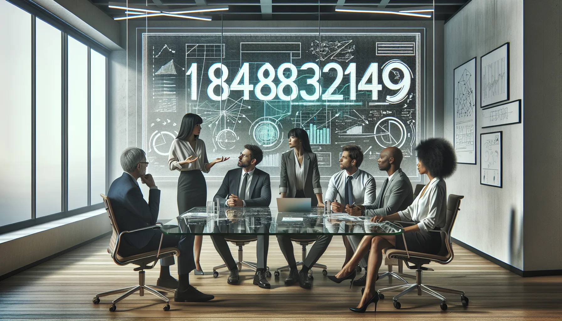 professionals discussing the significance of a number in a modern office.