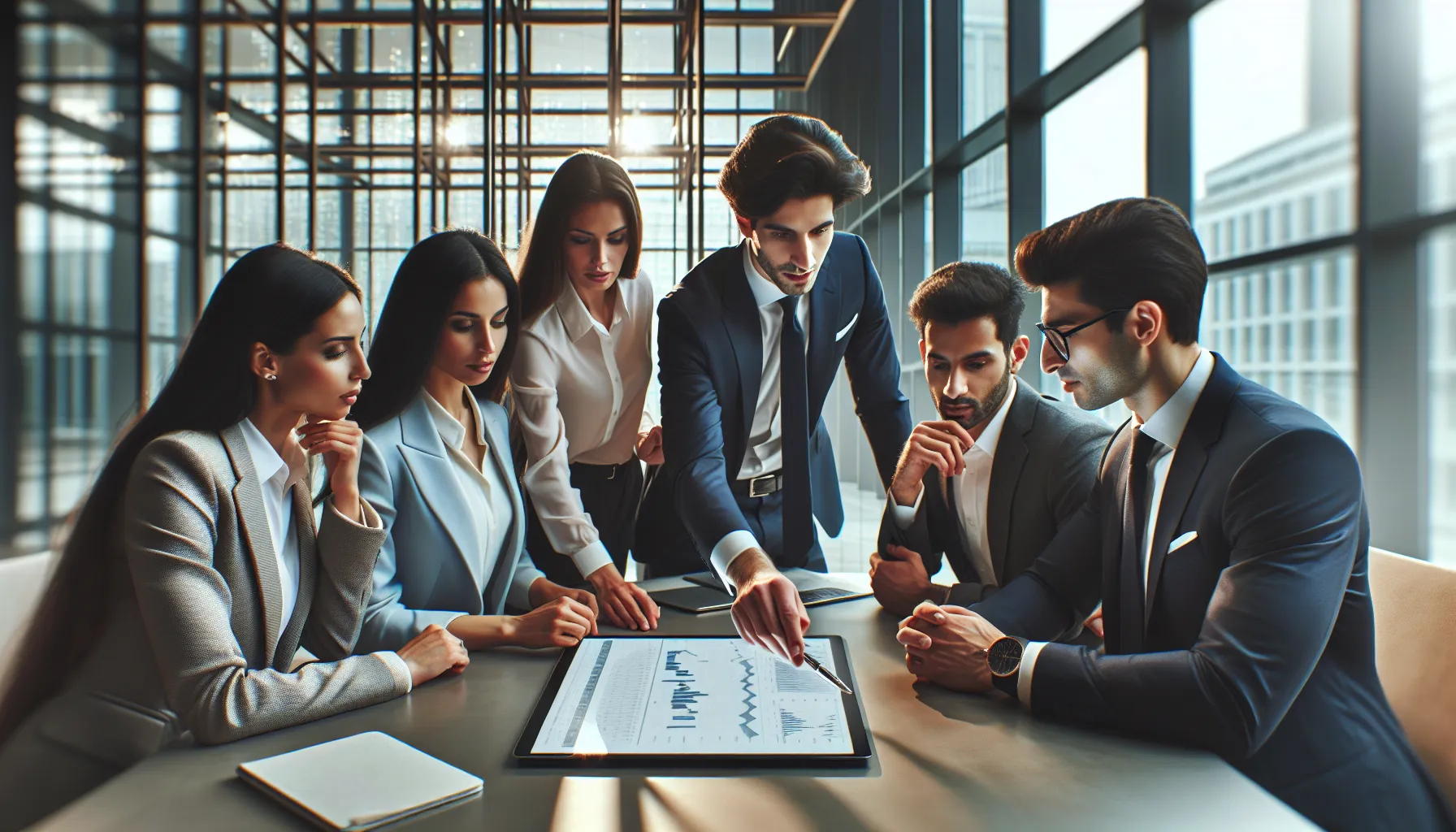 professionals discussing data in a modern office setting.