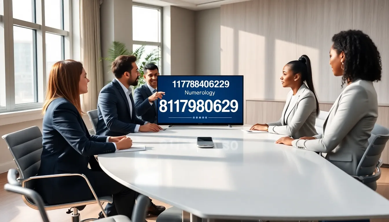 diverse professionals discussing numerology in a modern office.
