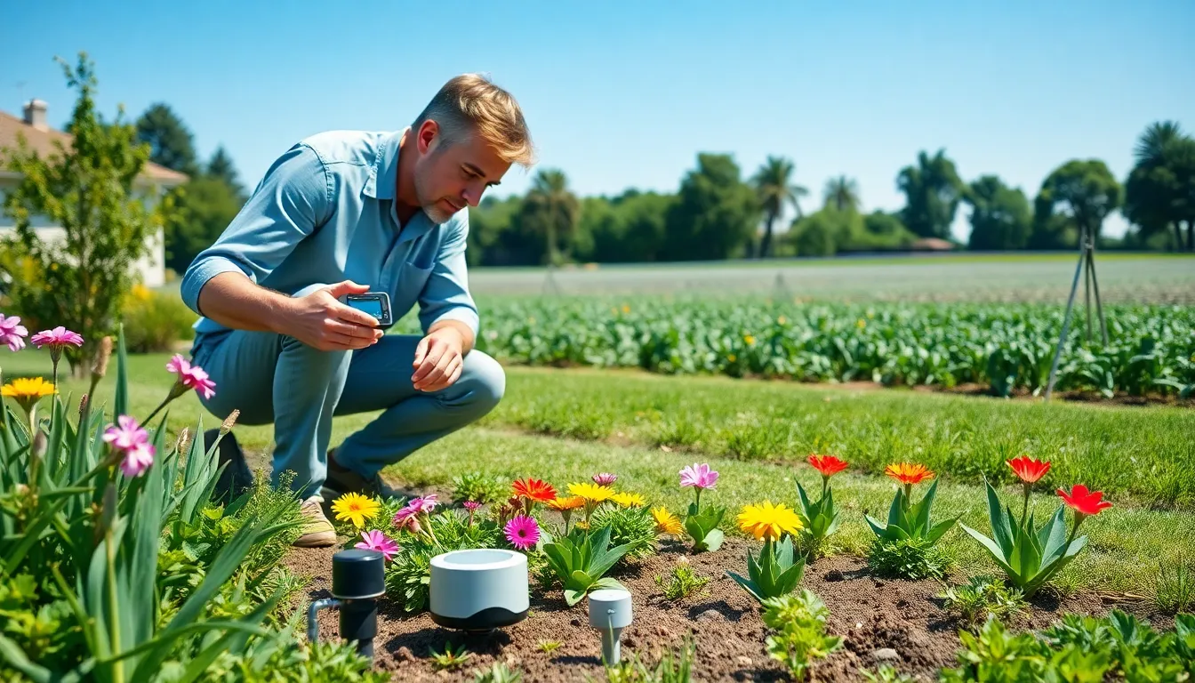 homeowner adjusting a smart irrigation system in a vibrant garden.