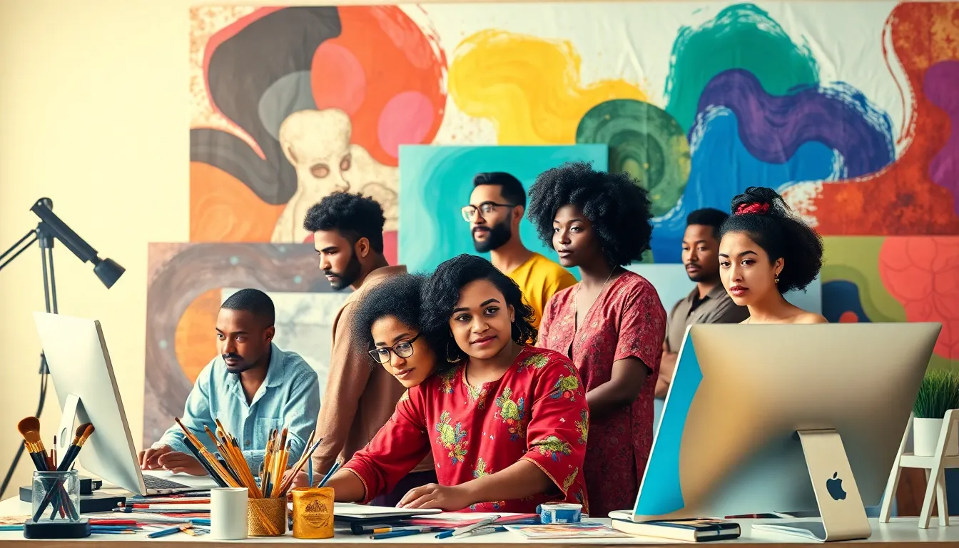 artists collaborating in a modern studio, inspired by diverse art movements.