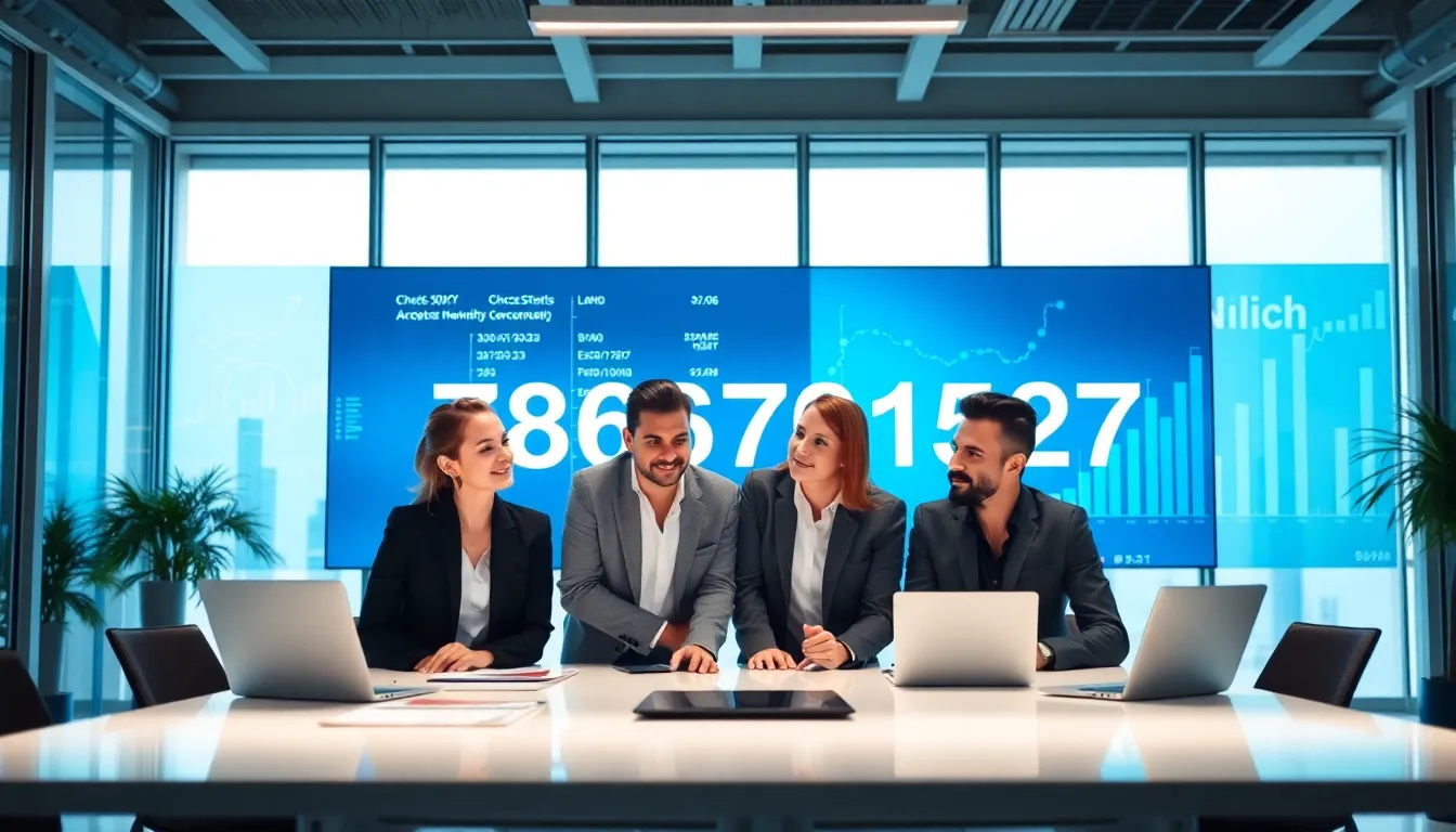 professionals analyzing the number 7806701527 in a modern office.