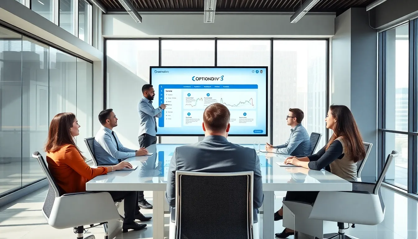 diverse professionals collaborating over a digital platform in a modern office.