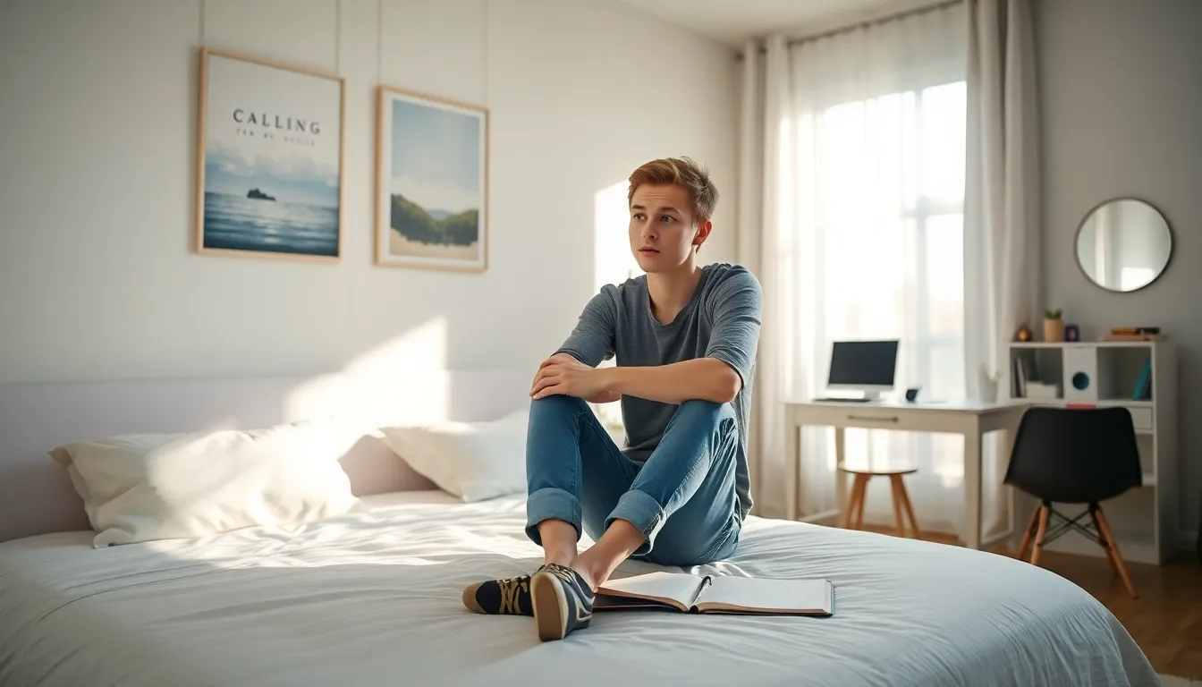 teenage boy reflecting on challenges in a calming bedroom.