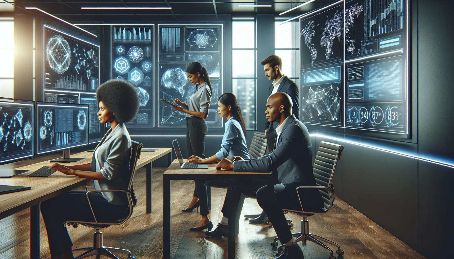 diverse professionals discussing future technology trends in a modern office.