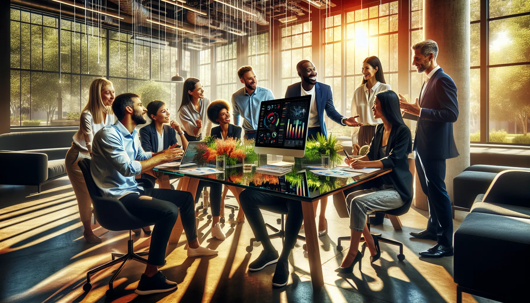 diverse professionals discussing experiences with Qpibandee in a modern office.
