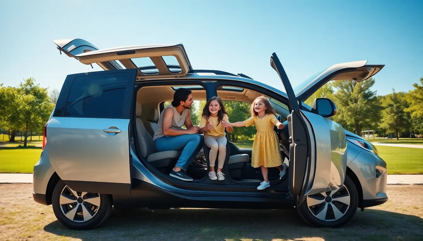 family engaging with a modern electric vehicle in a scenic park.