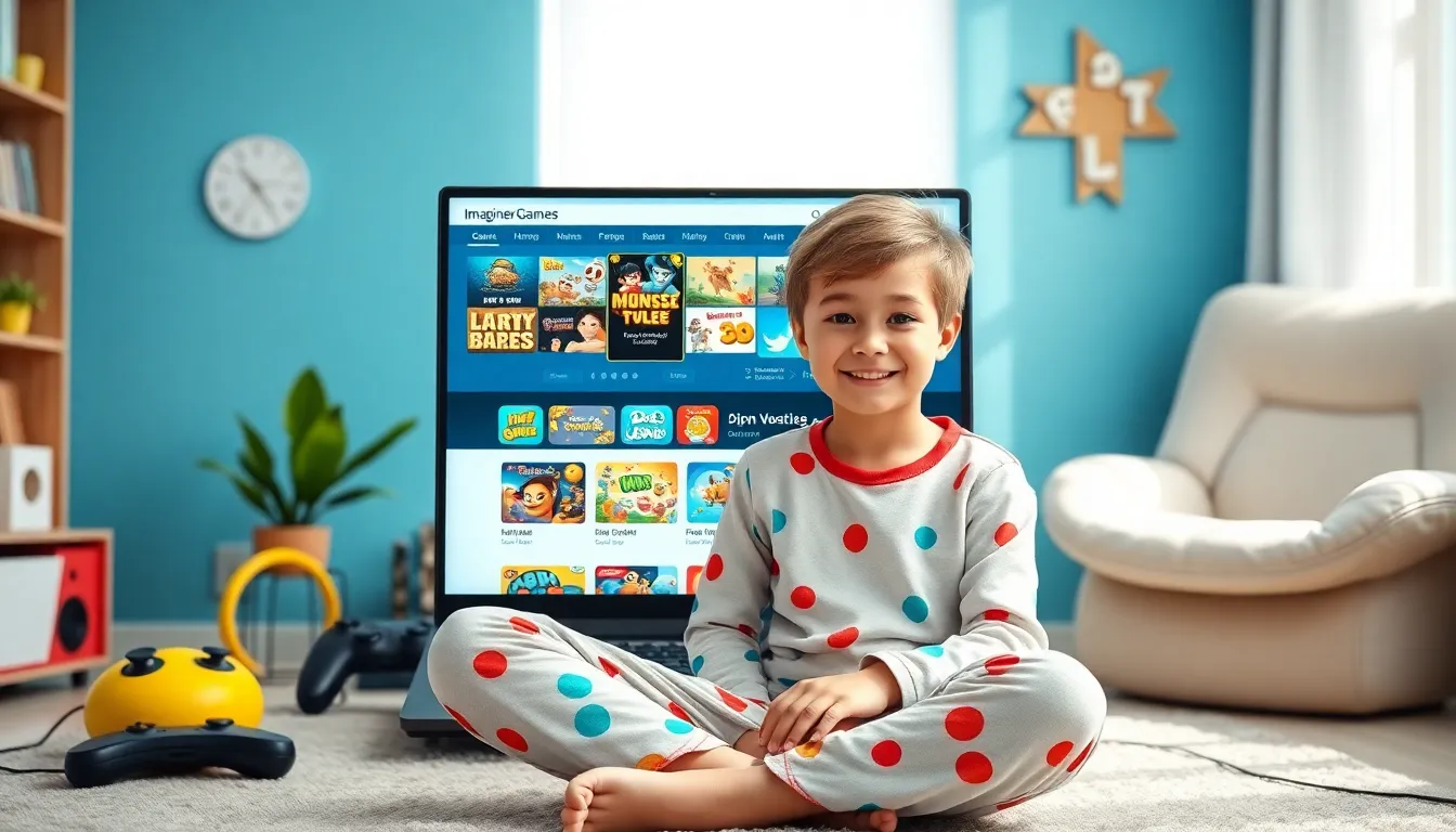 a child joyfully playing online games on a colorful laptop.
