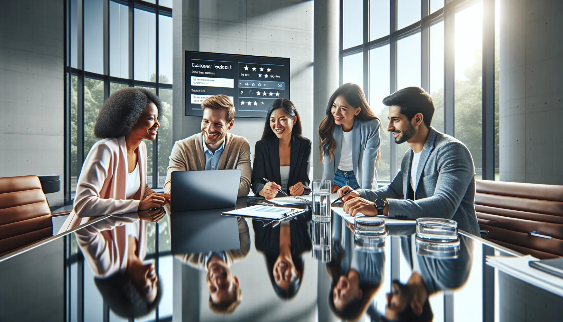diverse professionals discussing customer reviews in a modern office.