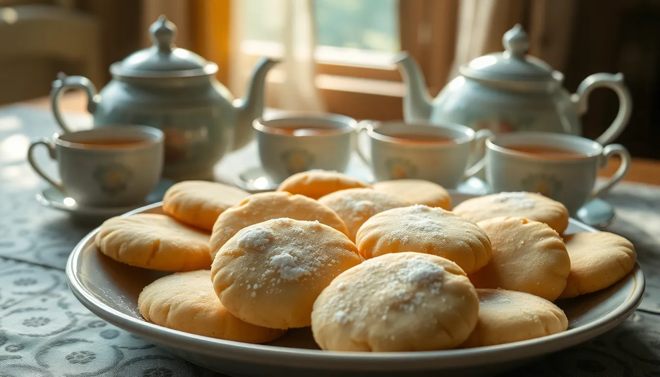 a plate of Mary cookies with tea cups on a rustic table.