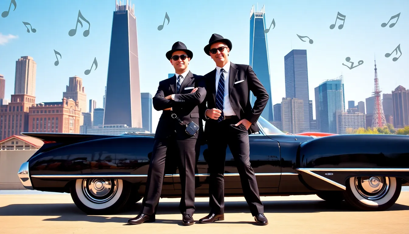 Two men in black suits in front of a vintage car with Chicago skyline.