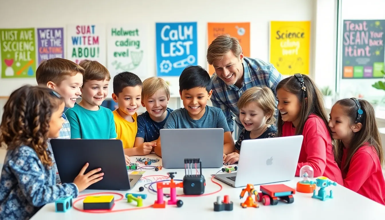 children engaged in a STEM camp activity with an instructor.