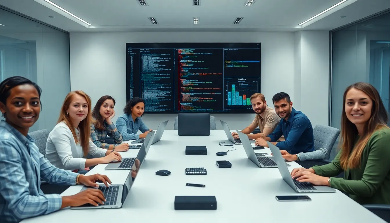 engineers collaborating on embedded software development in a modern office