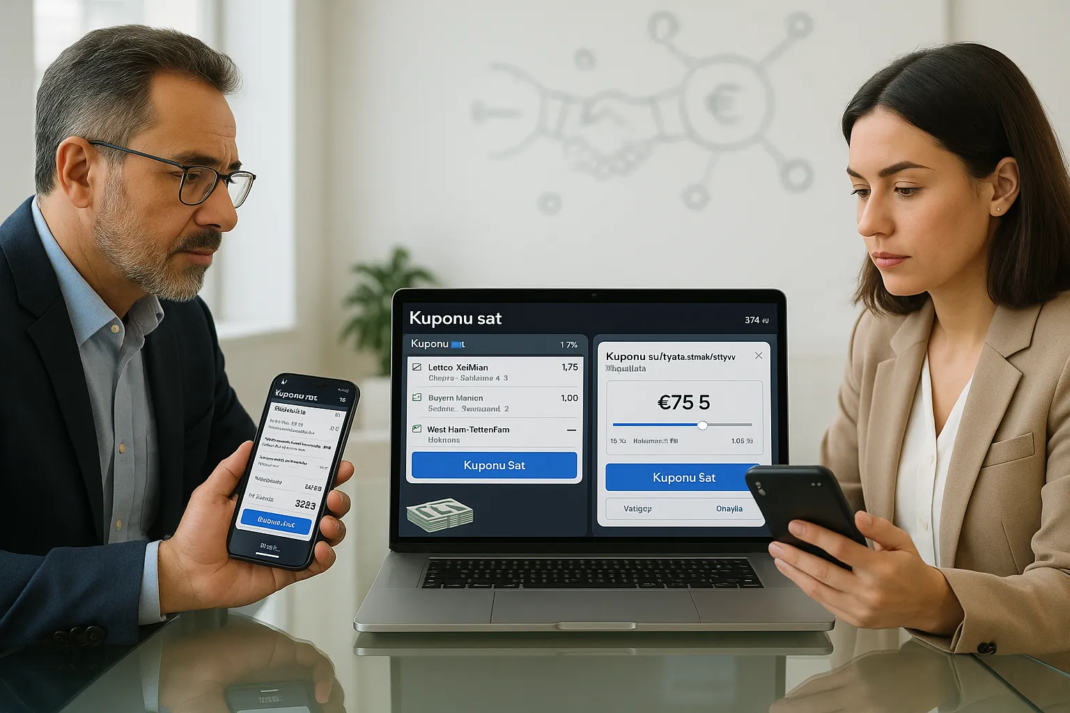 Professionals using a Turkish betting app to sell a bet slip.