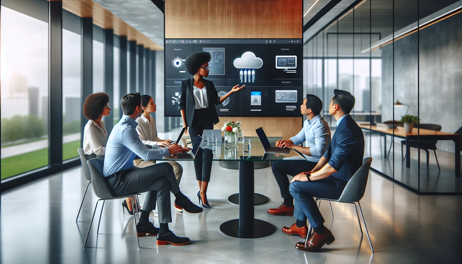 professionals discussing Dropbox features in a modern office.