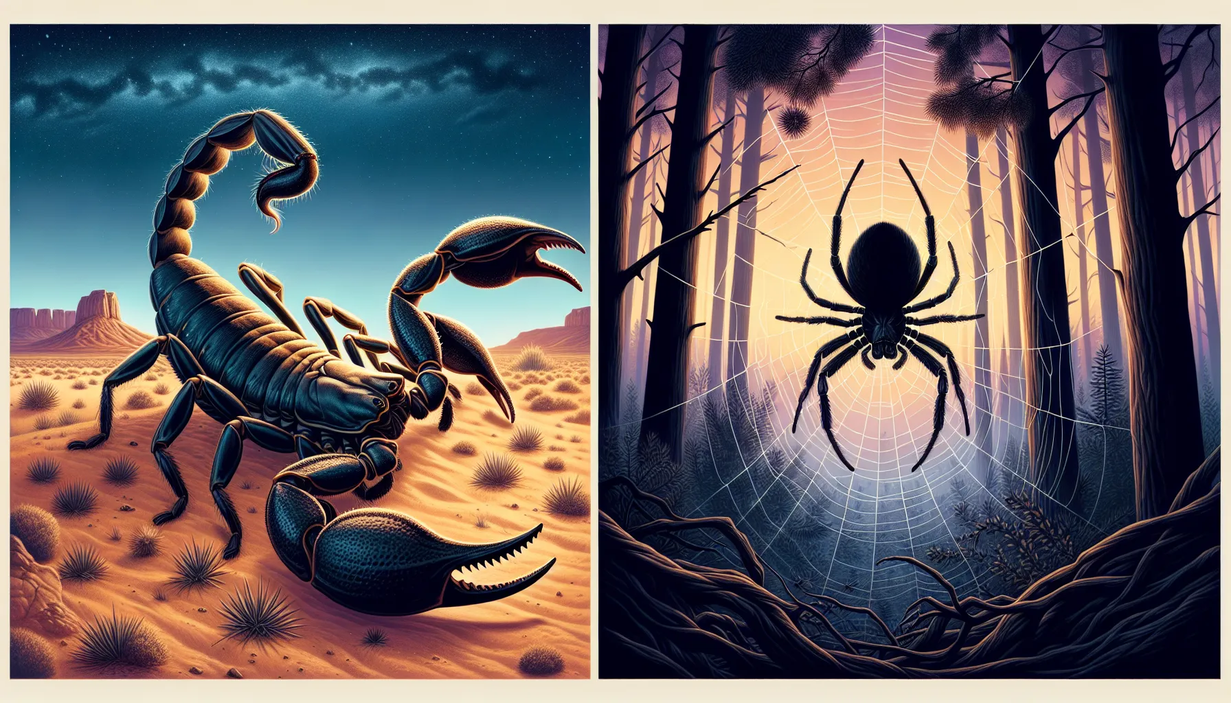 A scorpion in the desert contrasts with a spider in a forest web.