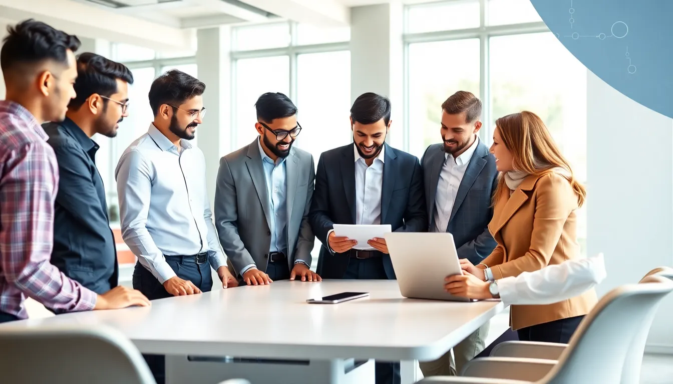 diverse professionals collaborating in a modern workspace.