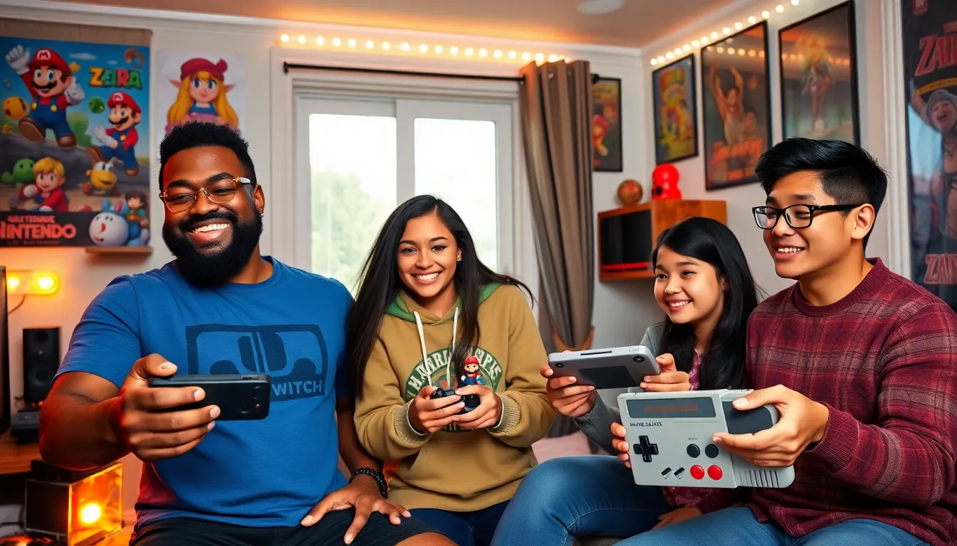 gamers enjoying Nintendo consoles in a cozy room filled with memorabilia.