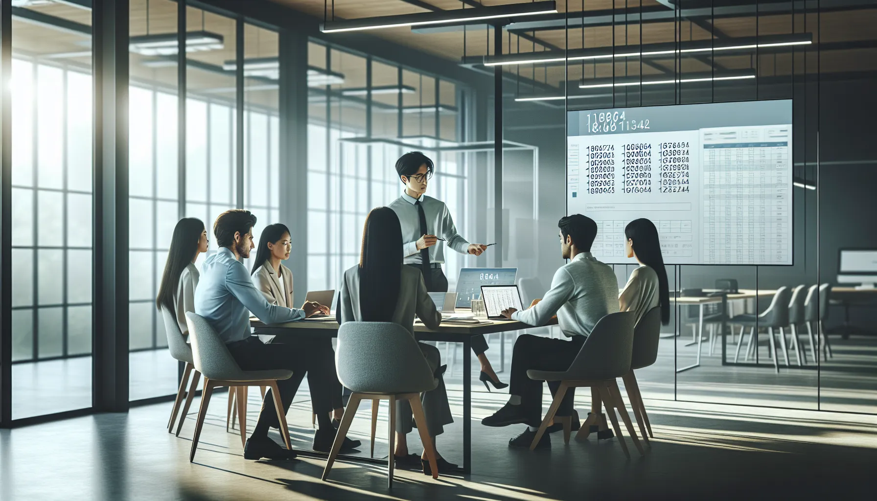 professionals collaborating in a modern office around a conference table.