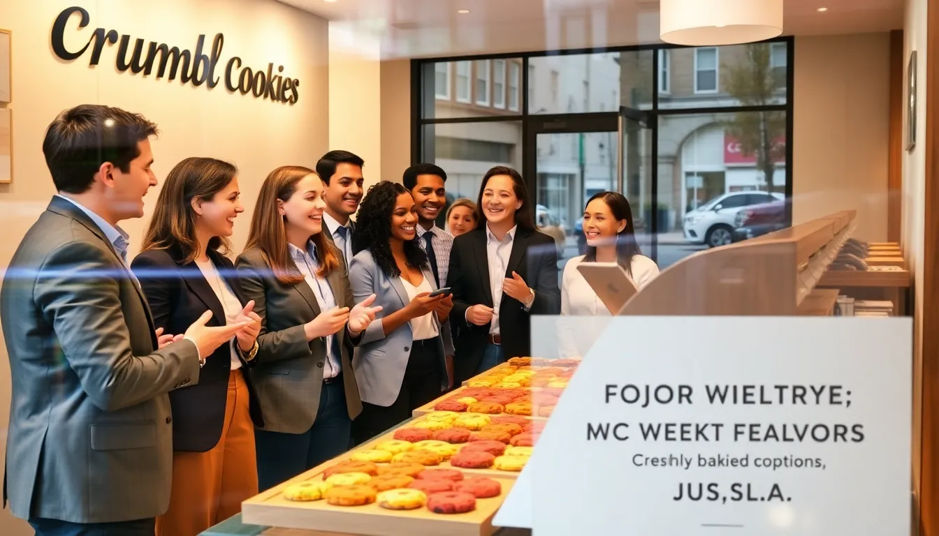 diverse customers enjoying cookies in a modern Crumbl Cookies store.