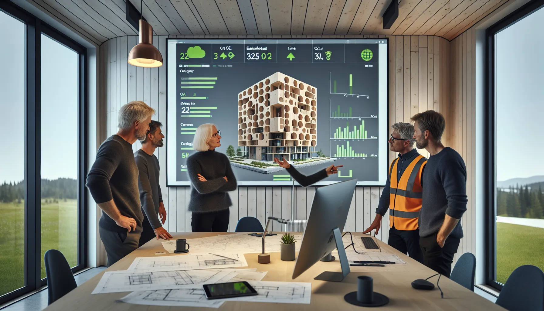 Norwegian project team reviewing bim model and climate budget for low-carbon construction.