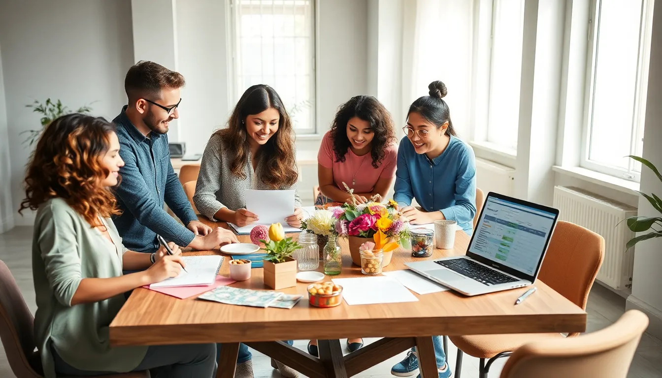 diverse group planning a budget-friendly event in a modern workspace.