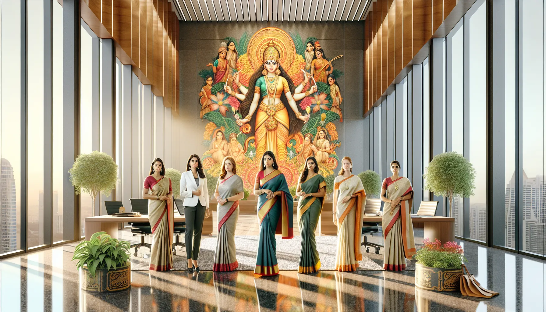 illustration of Gowthalamma with women in a modern office setting.