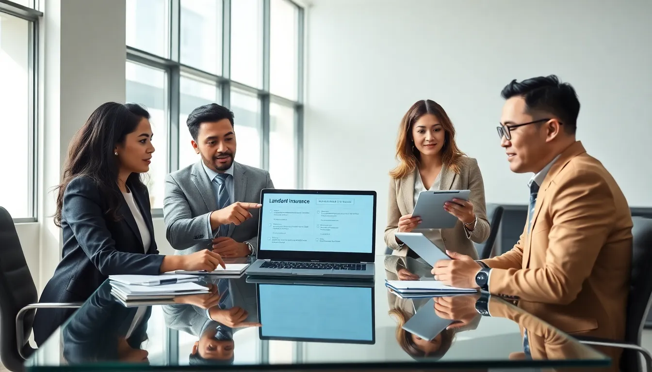 professionals discussing landlord insurance in a modern office setting.