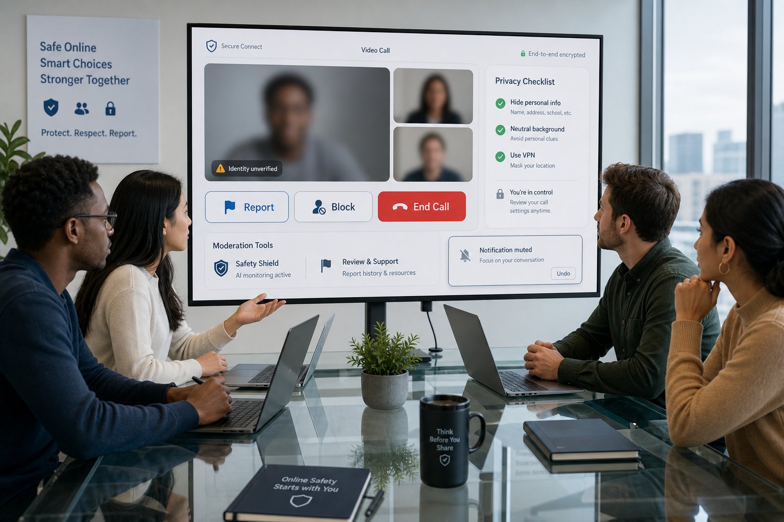 Professionals reviewing video chat safety controls on a modern dashboard screen.