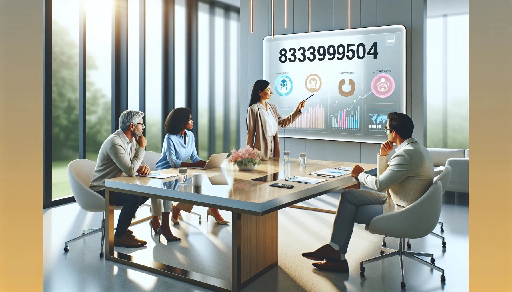 professionals discussing a toll-free number in a modern office.