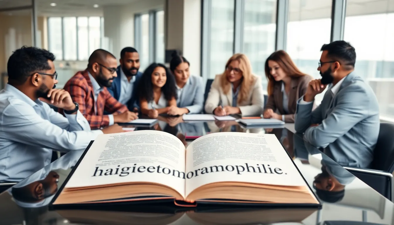 diverse professionals discussing the concept of hagietomamophilie in a modern office.
