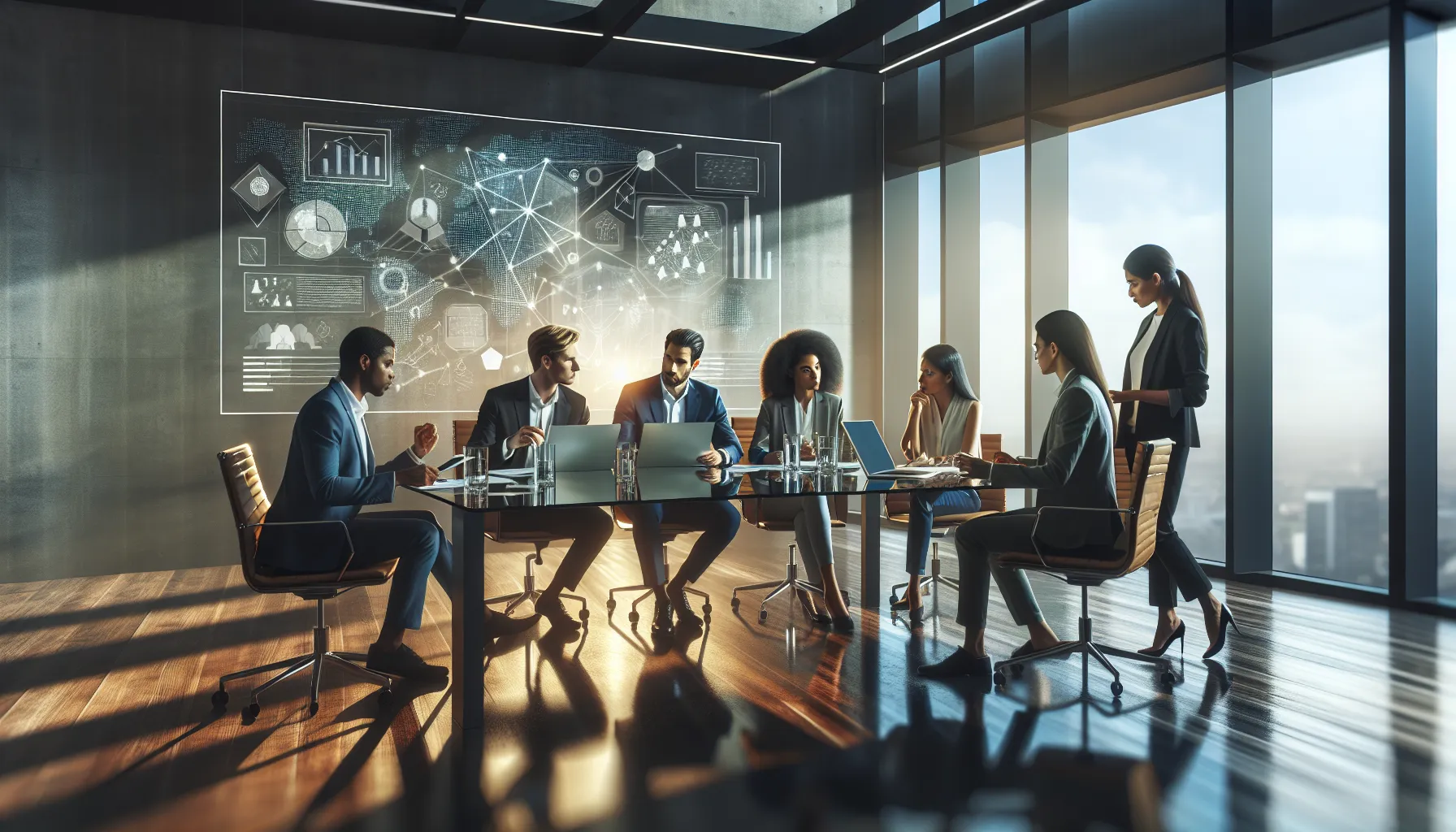 diverse professionals collaborating in a modern virtual meeting.