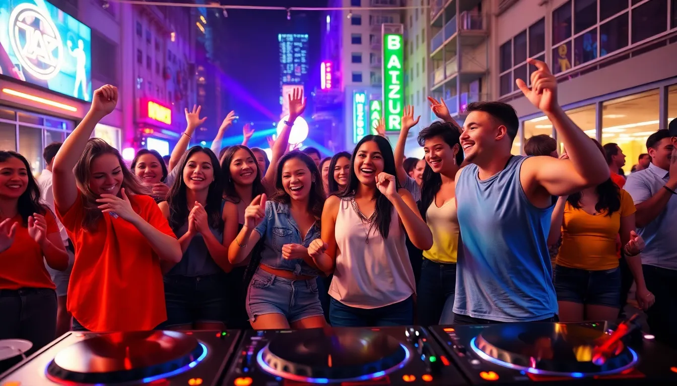 diverse group dancing in a vibrant urban nightlife scene.