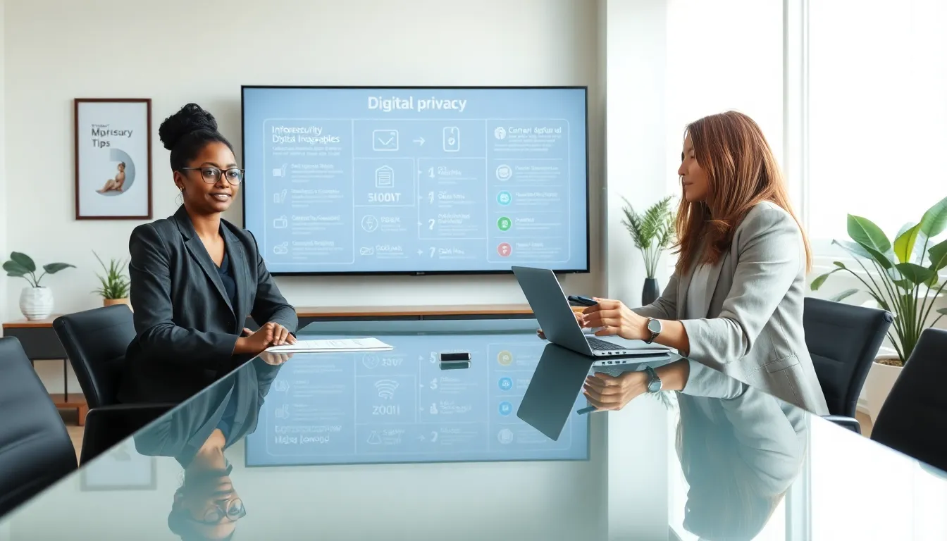 professionals discussing digital privacy in a modern office.