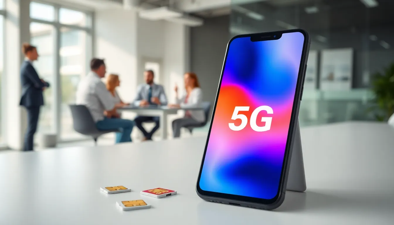 modern smartphone displaying 5G connectivity options on a minimalist desk.