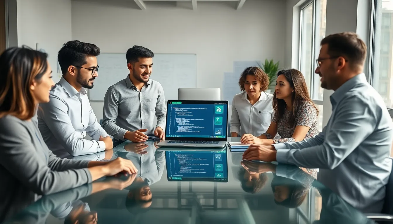 diverse developers collaborating in a modern office on Node.js projects.