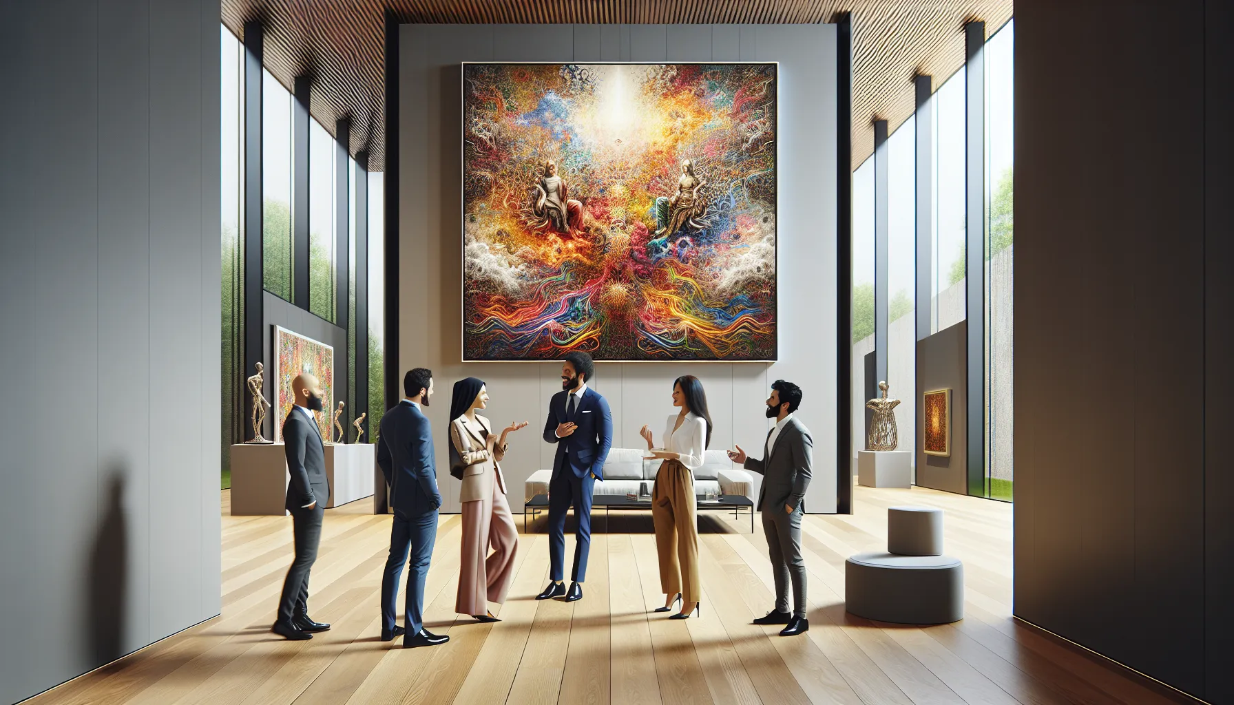 diverse art enthusiasts discussing Jennifer Heavenn's vibrant artwork in a gallery.