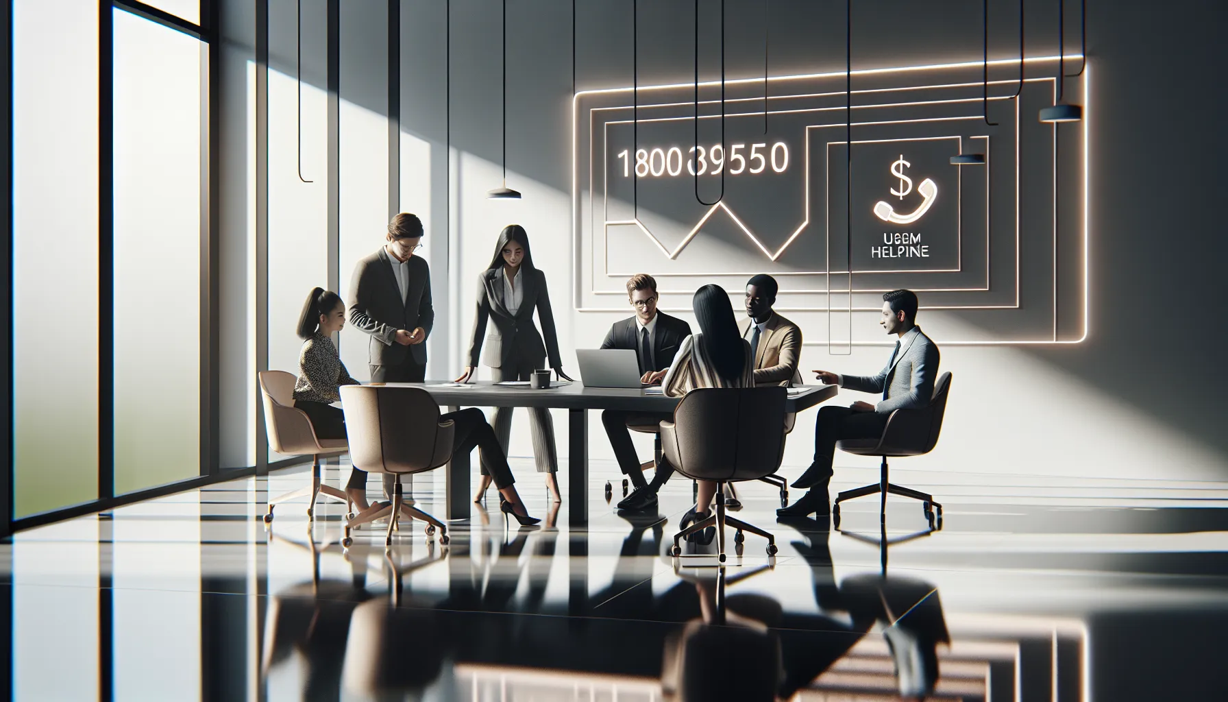 diverse professionals discussing a toll-free helpline in a modern office.